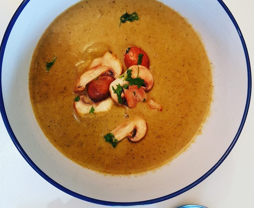 Curried Savoy Cabbage Soup with Sautéed Mushrooms