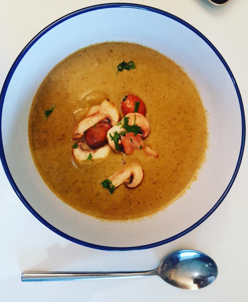 Curried Savoy Cabbage Soup with Sautéed Mushrooms