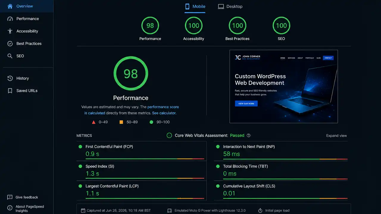 PageSpeed Insights – Green scores with Core Web Vitals passed