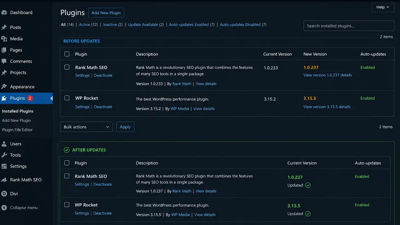 Plugin Updates – Plugin list before/after updates with green success indicators