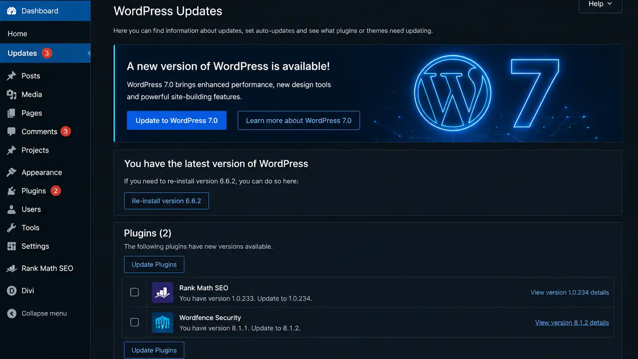 WordPress Updates – Core update screen showing WordPress 7 available