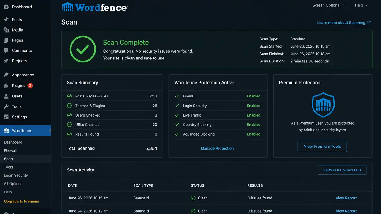 Wordfence Scan – Scan complete with green security status