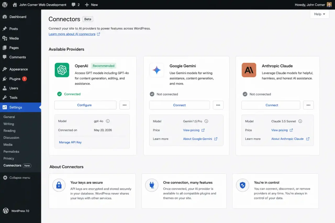 WordPress 7 Settings Connectors screen showing OpenAI, Google Gemini, and Anthropic Claude provider options