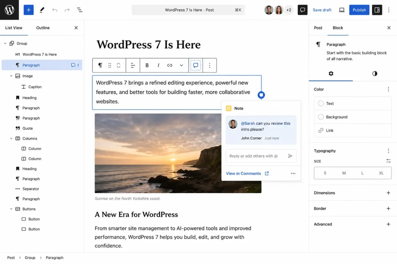 WordPress 7 block editor showing a block-level Note comment with at-mention and inline feedback on a paragraph block