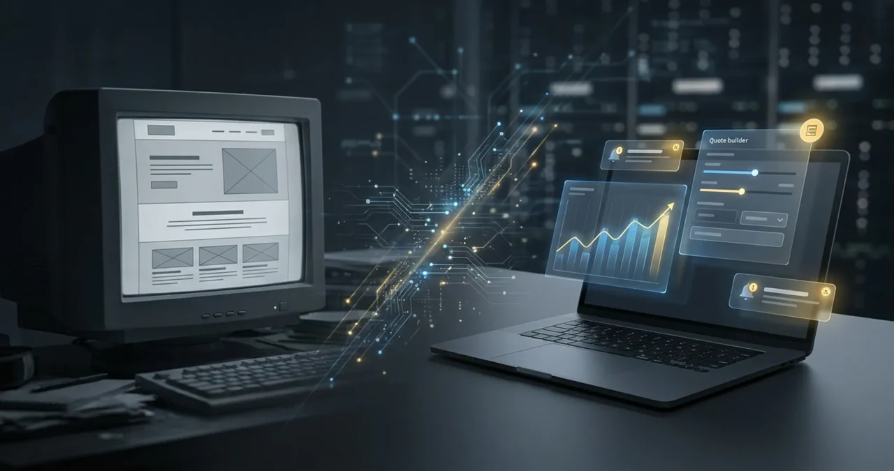 Modern commercial website interface illustrating the transition from a static brochure site to an interactive growth platform for North East businesses.