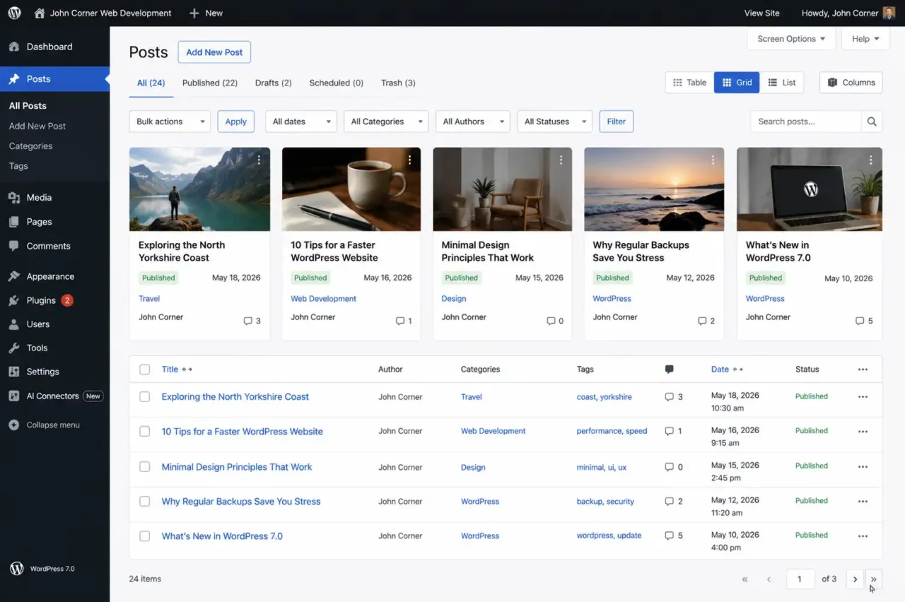 WordPress 7 Posts screen showing the new DataViews interface with grid and list view toggle options