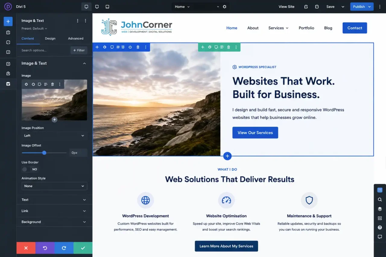 Divi 5 Visual Builder open on a WordPress 7 site showing normal module editing without compatibility issues