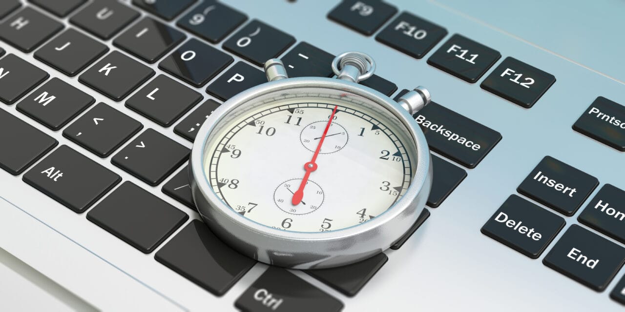 Stopwatch, timer, on computer, laptop keyboard. 3d illustration