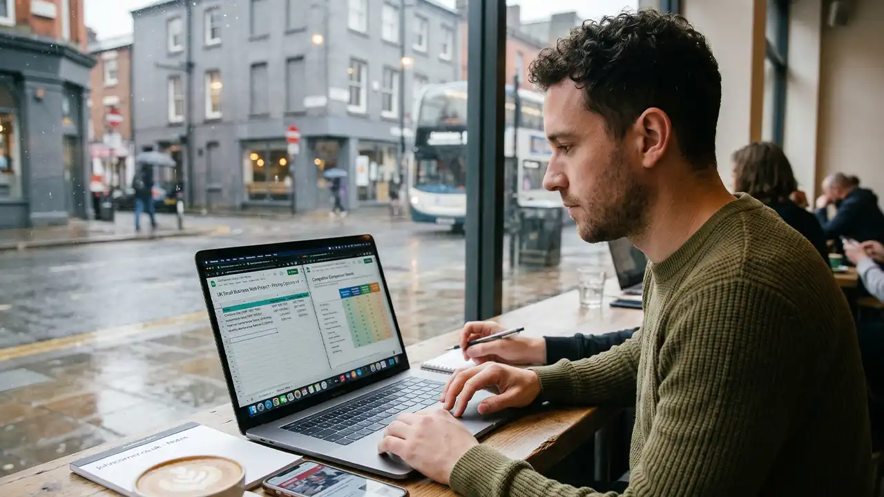 Web designer reviewing website pricing options on a laptop for a UK small business project