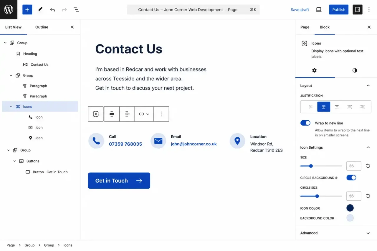 WordPress 7 Icons block inserted into a page alongside a phone number on a local business contact section
