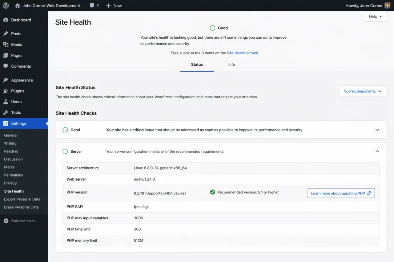 WordPress Site Health screen showing PHP version information under the Server section