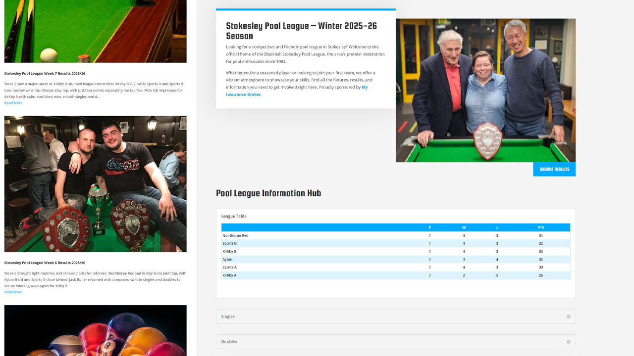 Stokesley Pool League – Website Development & Live Stats System