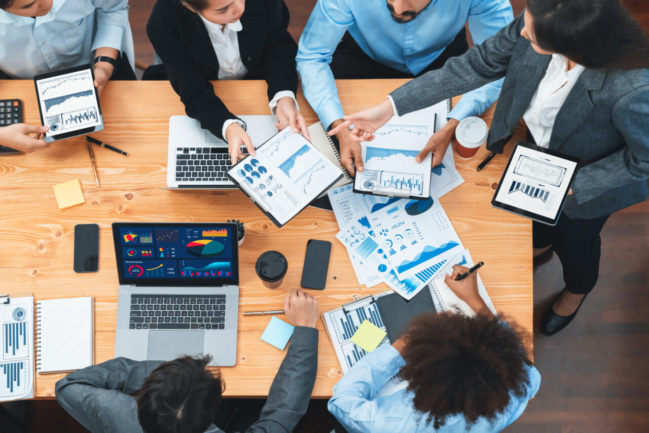 Top panorama view business presentation data analysis dashboard on TV. Concord