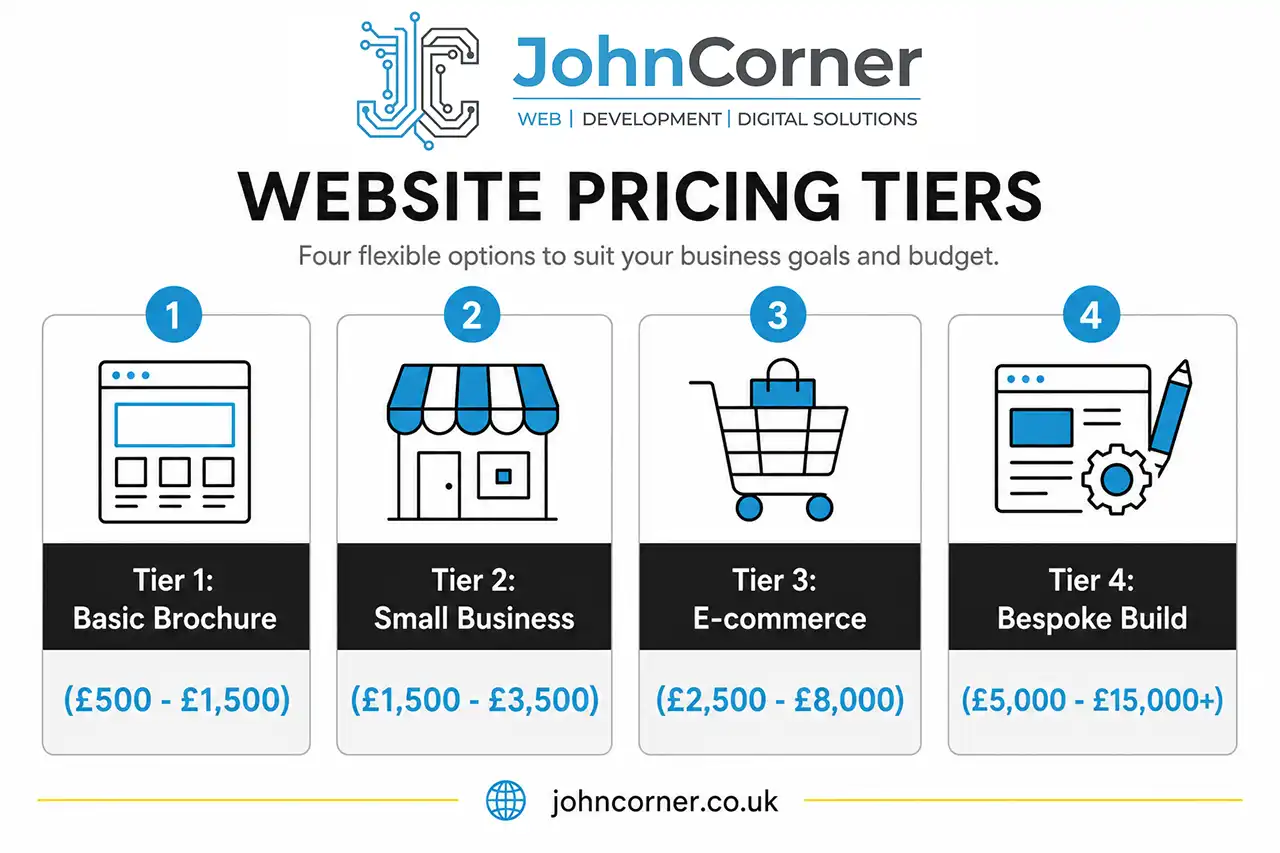 UK website cost breakdown showing four price tiers from brochure sites to bespoke builds