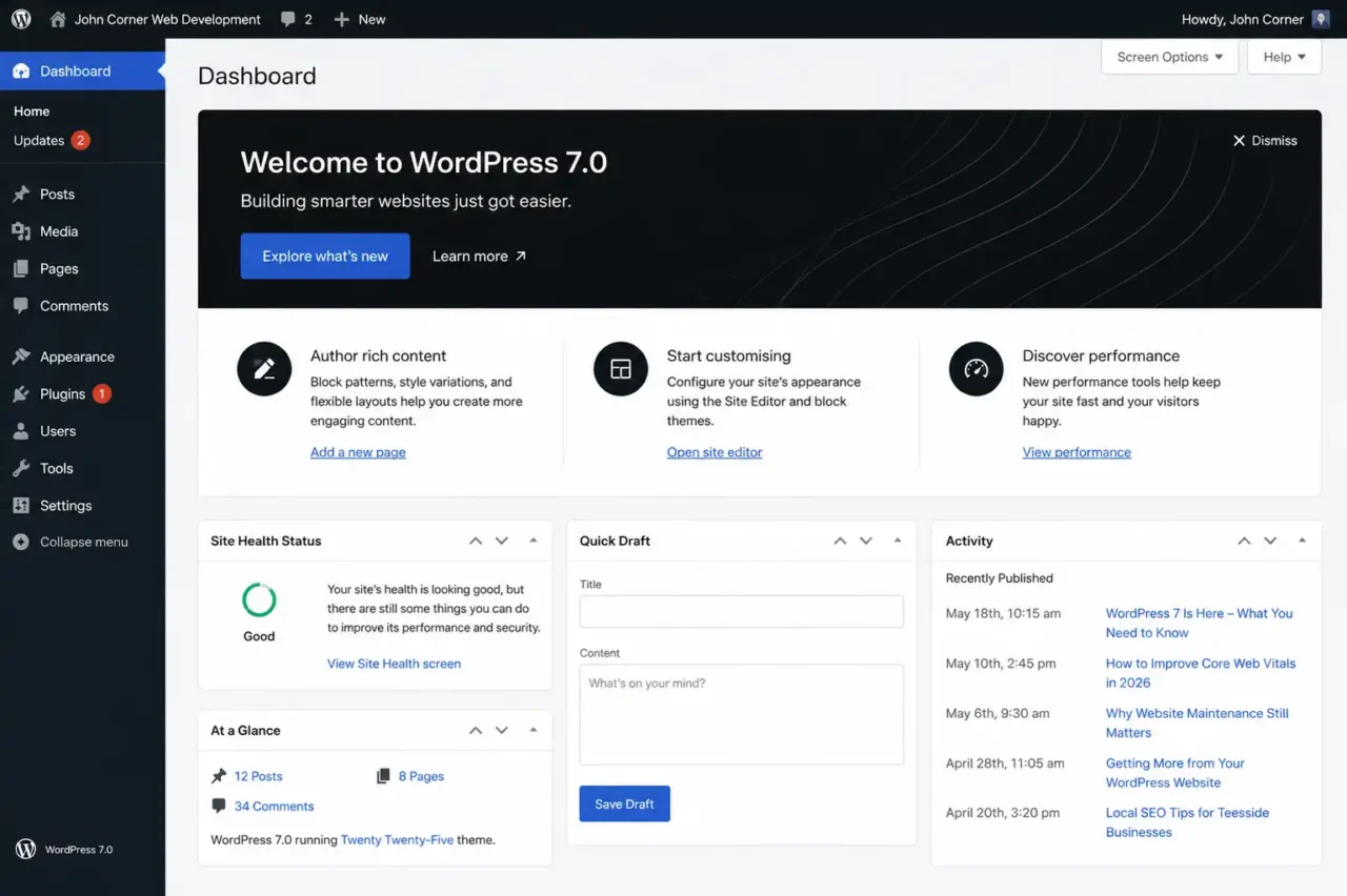 WordPress 7 admin dashboard showing the new default colour scheme and updated interface design